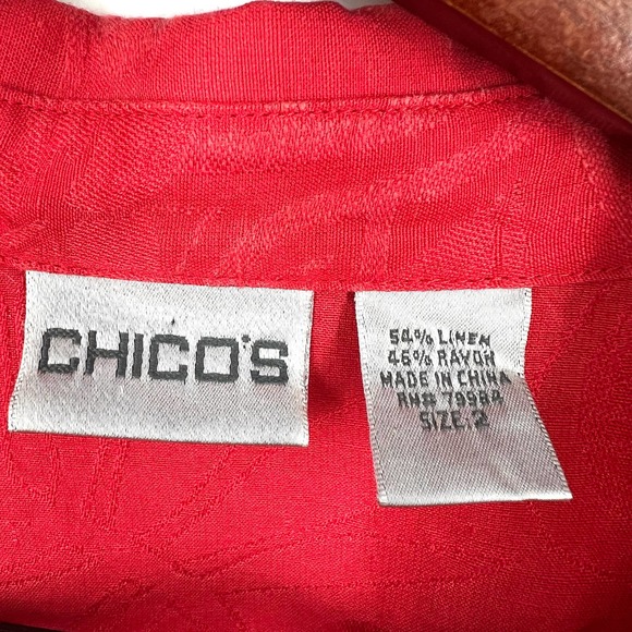 Chicos 2 LARGE Linen Blend Coral Red Long Sleeve Button Blouse Shirt Top Summer - Picture 2 of 8